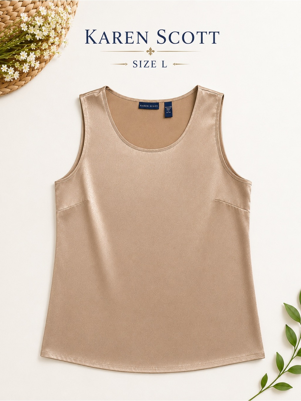 Karen Scott Champagne Shimmer Satin Shell Top Sleeveless Blouse Size L
